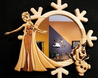 Elsa Snow Queen Fan Mirror: Handmade Intarsia Wood Wall Art