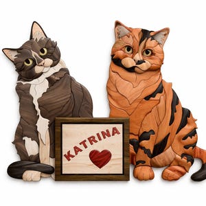 Puede incluir: Obra de arte de gato de madera con dos figuras de gato detalladas. Una es marrón y blanca, la otra naranja y negra. Un letrero de madera entre ellas dice "KATRINA" con un corazón rojo. La obra de arte está hecha de varias piezas de madera.