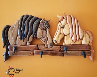 Paard houten Intarsia sleutelhouder, huis opwarming van de aarde entree organisator, paard ornament, houten muur kunst