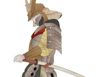 Samurai Intarsia Pattern, Japanese Art Decor PDF, Traditional Warrior Woodworking Design