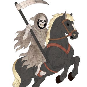 May include: A skeletal figure in a hooded robe rides a black horse, holding a scythe. The horse is rearing up on its hind legs, and the figure is looking forward with a grim expression.