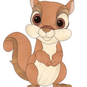 May include: A cartoon squirrel with brown fur, a bushy tail, and large brown eyes. The squirrel is standing on its hind legs with its front paws clasped together.