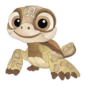 May include: A cartoon turtle with large brown eyes and a wide smile. The turtle is made of wood and has a brown and tan shell.