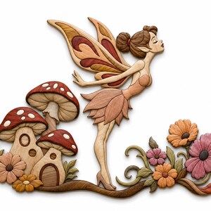 May include: Wooden fairy sculpture with detailed wings, dress, and hair. The fairy is standing near wooden mushrooms and flowers. The color palette includes shades of brown, red, orange, and pink. The fairy is on a white background.