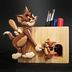 Patrón de intarsia de madera de Tom y Jerry, intarsia de madera de gato, intarsia de madera de ratón, figura de animal, patrón de sierra de calar, descarga de patrón en PDF