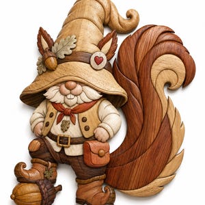 May include: A multi-layered wooden wall art piece depicting a gnome with a large, bushy squirrel tail. The figure wears a wide-brimmed hat adorned with an acorn and oak leaf, a vest, a belt with a pouch, and curled-toe boots, standing on an acorn.