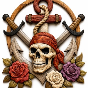 May include: A wooden wall art piece featuring a central human skull wearing a red bandana, positioned in front of a large anchor and two crossed swords. The design is framed by a circular wooden ring and accented with three carved roses.