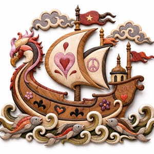 May include: A wooden wall art piece featuring a ship with a bird-shaped prow, sails decorated with a heart and a peace sign, and the word LOVE carved on the stern. The scene includes stylized clouds, three fish swimming in waves, and flags.