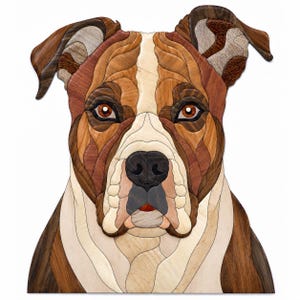 May include: A detailed wooden portrait of a dog, featuring a brown, white, and tan color palette. The dog's face is meticulously crafted with various wood grains, showcasing the eyes, nose, and ears. The artwork is set against a white background.