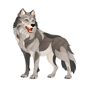 Peut inclure: Illustration stylisée d'un loup aux tons gris, noir et blanc. Le loup est représenté debout, la gueule ouverte. L'œuvre a un effet mosaïque ou vitrail, avec des détails.