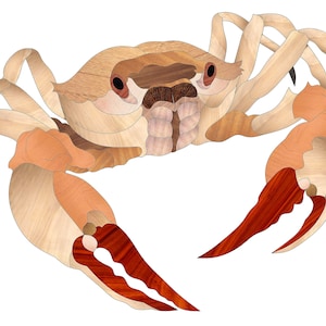 May include: A wooden crab sculpture with a light brown body and red claws. The crab is made of different types of wood, creating a unique and intricate design.