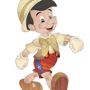 Peut inclure: Illustration en bois de Pinocchio, personnage du film Disney classique. Il est représenté avec un chapeau, une plume et des articulations en bois. Il porte une chemise jaune, un short rouge et des chaussures marron. L'image est sur fond blanc.