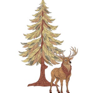 May include: An illustration of a brown deer with large antlers standing next to a stylized tree. The tree has a brown trunk and layered, leaf-like branches in shades of yellow, green, and brown. The deer is detailed with brown and tan tones.