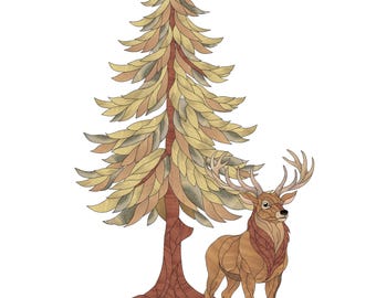 Deer and Pine Tree Wood Intarsia Pattern PDF, Forest Wildlife Wall Art Design