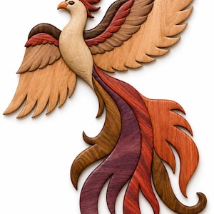 May include: Wooden phoenix sculpture with outstretched wings and flowing tail feathers. The bird features a light-colored body, a red crest, and wings in shades of brown and orange. The tail is a mix of red, purple, and brown.
