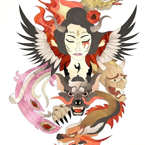 Może przedstawiać: Kolorowe dzieło sztuki z intarsji drewnianej przedstawiające kobietę z skrzydłami, smoka i feniksa. Kobieta ma czarne włosy i czerwony kwiat we włosach. Smok jest czerwony i złoty, a feniks jest żółty i pomarańczowy.