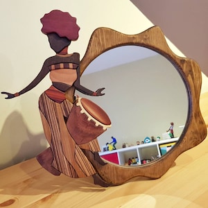 African Dancer Circle Mirror, intarsia wood mirror, African Figurines, Drum Mirror, Make Up Mirror, Gift for Her