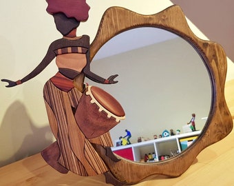African Dancer Circle Mirror, intarsia wood mirror, African Figurines, Drum Mirror, Make Up Mirror, Gift for Her