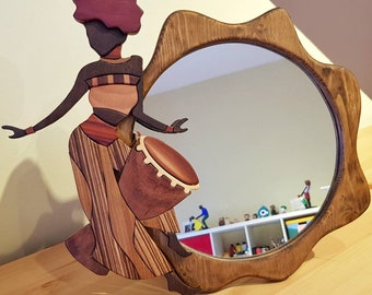 African Dancer Wood Intarsia Mirror: Handmade Drum-Inspired Wall Decor