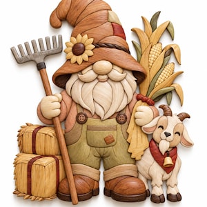 May include: A layered wooden wall art piece featuring a gnome wearing a brown hat with a sunflower, holding a rake and a bundle of corn. Beside the gnome are two stacked hay bales and a small goat with a red bandana and a gold bell around its neck.