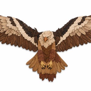 May include: A wooden eagle sculpture with outstretched wings. The eagle is crafted from various shades of brown wood, with detailed feather patterns. The wingspan is wide, and the eagle appears to be in flight, showcasing a detailed, artistic design.