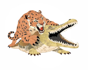Jaguar and Crocodile Wood Intarsia Pattern PDF, Wildlife Wall Art Design