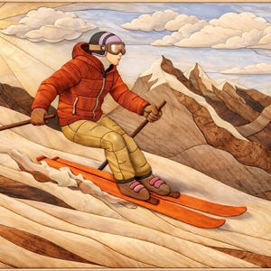 May include: Wooden art piece depicting a skier in an orange jacket and yellow pants skiing down a mountain. The artwork features a sun, clouds, and mountains in the background. The skis are orange, and the skier is wearing goggles.