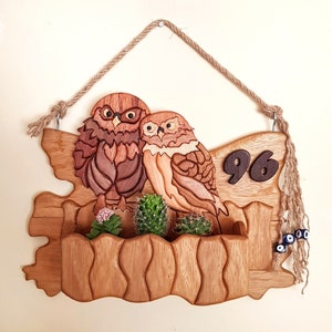 Eule Wandkunst, Intarsien Türschild aus Holz, Natur inspiriert, Kaktus Pflanzer Halter, Einzigartiges Geschenk für Zuhause, Outdoor Dekor, Hausnummer Schild
