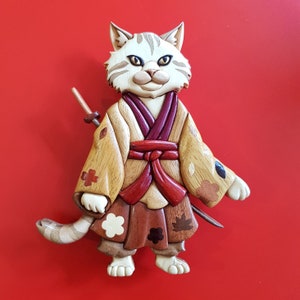 Samurai Cat Intarsia Pattern PDF, Digital Download Wooden Cat in Kimono Wall Art Template