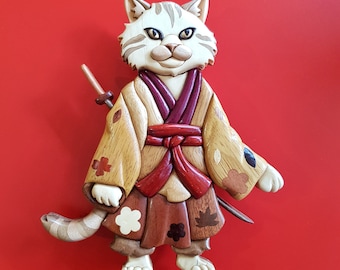 Samurai Cat Intarsia Pattern PDF, Digital Download Wooden Cat in Kimono Wall Art Template