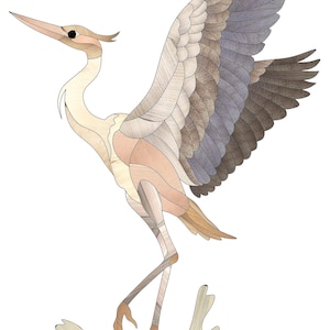 Może przedstawiać: Stylizowana ilustracja czapli z beżowymi, brązowymi i niebieskimi skrzydłami stojącej w beżowej i brązowej kałuży. Czapla ma długą szyję i długi dziób.