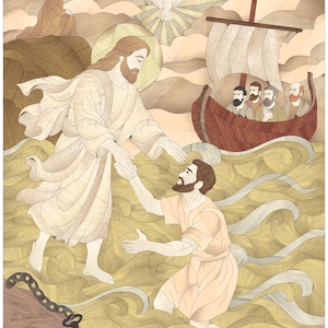 May include: A religious artwork showing a biblical scene. A figure in white robes extends a hand to help another figure in the water. A boat with several figures is in the background, along with a dove and a key.