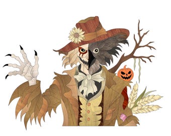 Autumn Scarecrow Intarsia Pattern, Crow Mask Wooden Wall Art PDF, Rustic Halloween Decor