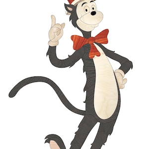 Patrón de intarsia de gato de dibujos animados, diseño icónico de gato con sombrero, arte de intarsia de madera divertido, decoración única para puerta o pared, patrón