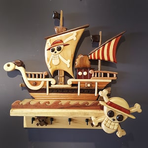 Porte-clés en bois en forme de navire pirate, bateau One Piece, organiseur d’entrée en bois, art mural en bois