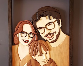 Cute Family Wooden Picture Wall Decor, Personalized Gift, House Warming Home Decor, Gift for Her, Wooden Intarsia Wall Art