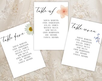 Tarjetas de distribución de mesas para bodas con diseño de flores silvestres, números de mesa imprimibles (descarga digital)