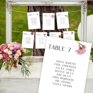 Modèle de plan de table pour mariage, cartes de plan de table imprimables, numéros de table fleurs pressées, affectation des sièges de mariage, téléchargement numérique
