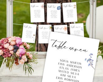 Plantilla de plano de mesas para bodas con diseño de flores silvestres, tarjetas de mesa imprimibles (descarga digital)