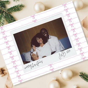 Modèle de carte de Noël, carte de Noël photo, carte de vœux en téléchargement numérique, carte de Noël coquette noeud rose, modifiable sur toile, 5 x 7