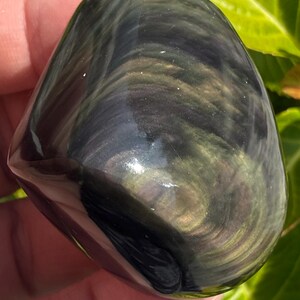 Puede incluir: Una piedra de obsidiana pulida con patrones arremolinados de negro, verde y dorado. La forma lisa y redondeada de la piedra se sostiene en una mano, con follaje verde en el fondo. La piedra tiene una superficie brillante y reflectante.