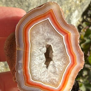May include: A slice of agate with a natural hole in the centre. The agate features a range of colours, including white, orange, red, and brown. The agate is translucent and has a smooth, polished surface.