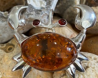Collana Con Ciondolo Granchio In Argento 925 E Ambra Baltica | Fatto A Mano, Gioiello Unico Con Pietra Naturale | Regalo Elegante
