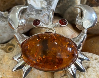 Collana Con Ciondolo Granchio In Argento 925 E Ambra Baltica | Fatto A Mano, Gioiello Unico Con Pietra Naturale | Regalo Elegante