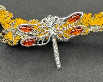 Amber dragonfly  pendant set in sterling silver,  Cognac Amber, Baltic amber.