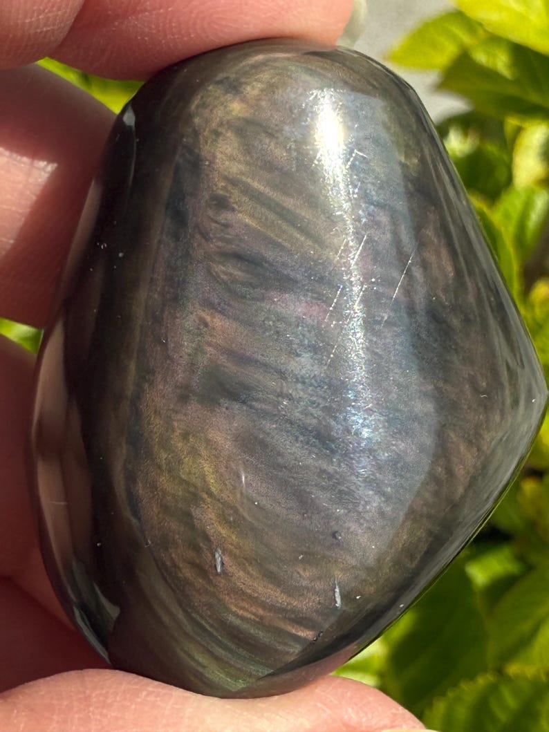 Puede incluir: Una piedra preciosa pulida en forma de l&aacute;grima con una superficie oscura e iridiscente. La piedra muestra patrones arremolinados de oro, plata y negro, capturando la luz para crear un efecto brillante. La piedra preciosa se sostiene en una mano, con follaje verde en el fondo.