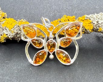Baltic Amber  butterfly pendant set in sterling silver,  Cognac  Amber, Baltic amber.
