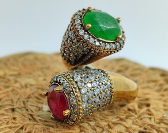 Handmade Ottoman Style Emerald & Topaz Ring, 925k Sterling Silver