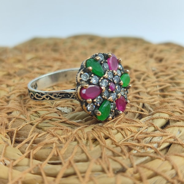 Anillo otomano de plata de ley hecho a mano con topacio esmeralda, estilo bohemio.