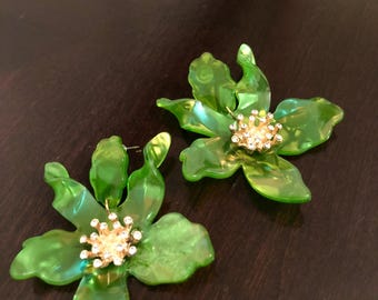 Green Petal Flower | Acrylic Earrings | Unique | Oversized | Vacation Jewelry | Summer Accessories